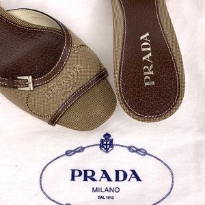 Prada canvas logo slide in sandals w low heels
